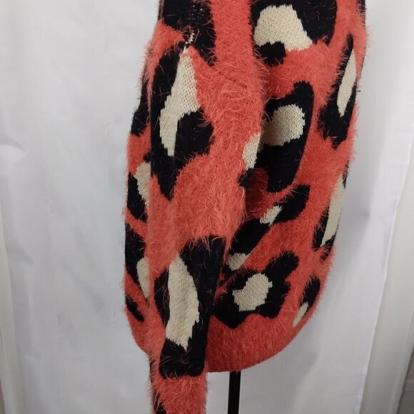 Easel | Orange Cheetah Print Eyelash Pullover Crewneck Sweater | Size S - Picture 3 of 6